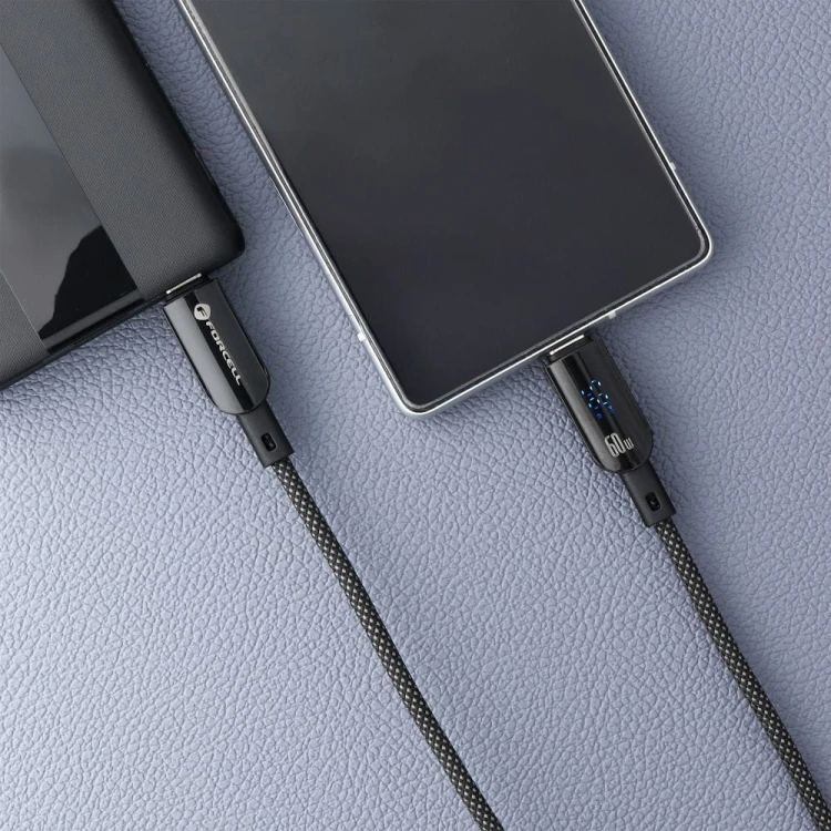 Inteligentny kabel USB-C do USB-C Forcell F-Energy Digital 60W z wyświetlaczem LCD – 1,2 m – Czarny