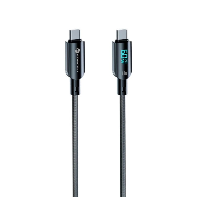 Inteligentny kabel USB-C do USB-C Forcell F-Energy Digital 60W z wyświetlaczem LCD – 1,2 m – Czarny