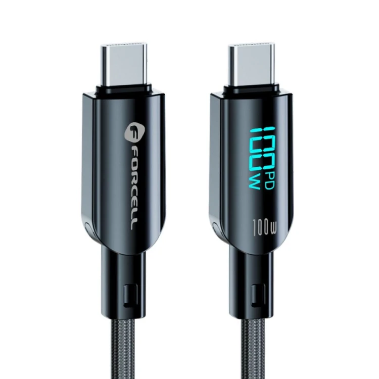 Inteligentny kabel USB-C do USB-C Forcell F-Energy Digital 100W PD z wyświetlaczem LCD i E-Mark – 1,2 m – Czarny