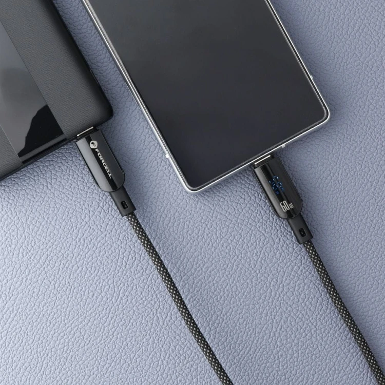 Inteligentny kabel USB-C do USB-C Forcell F-Energy Digital 100W PD z wyświetlaczem LCD i E-Mark – 1,2 m – Czarny