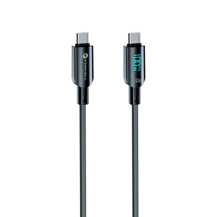 Inteligentny kabel USB-C do USB-C Forcell F-Energy Digital 100W PD z wyświetlaczem LCD i E-Mark – 1,2 m – Czarny