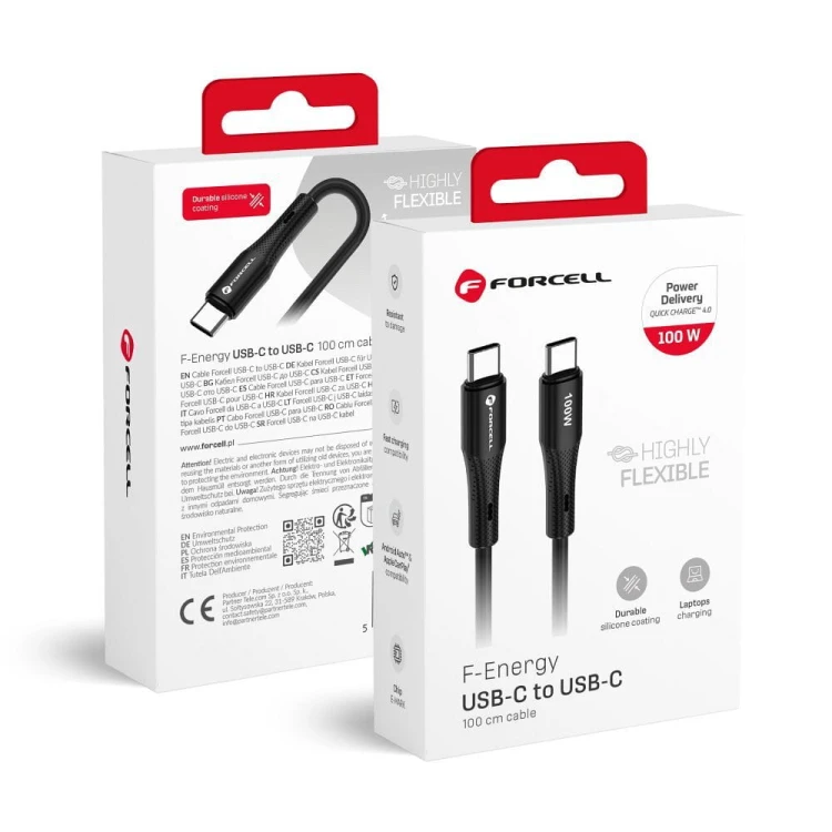 Elastyczny kabel USB-C do USB-C Forcell F-Energy Silicone 100W PD – 1 m – Czarny