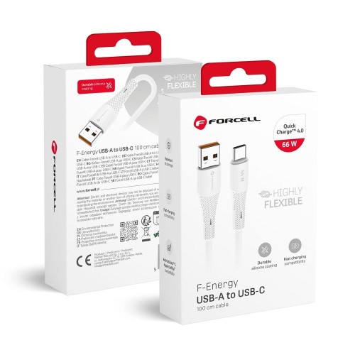 Elastyczny kabel USB-A do USB-C Forcell F-Energy Silicone 66W QC 4.0 – 1 m – Biały