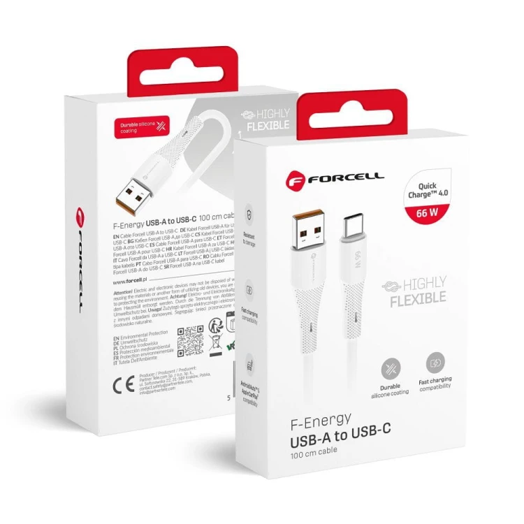 Elastyczny kabel USB-A do USB-C Forcell F-Energy Silicone 66W QC 4.0 – 1 m – Biały