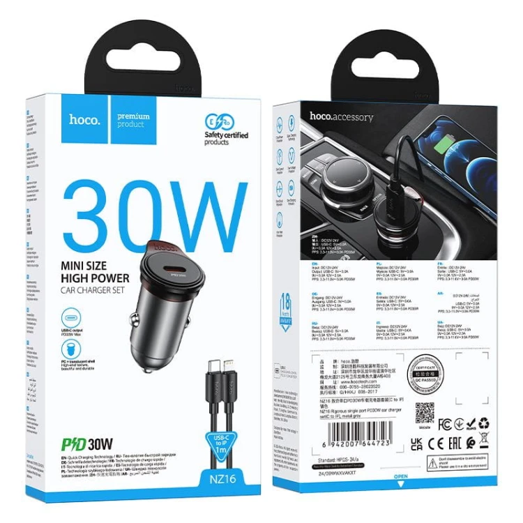 Zestaw Ładowarka Samochodowa Hoco NZ16 USB-C PD 30W + Kabel iPhone