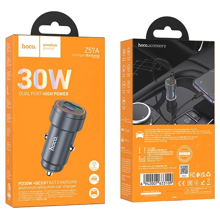 Aluminiowa Ładowarka Samochodowa Hoco Z57A USB-C PD 30W + USB-A QC 18W