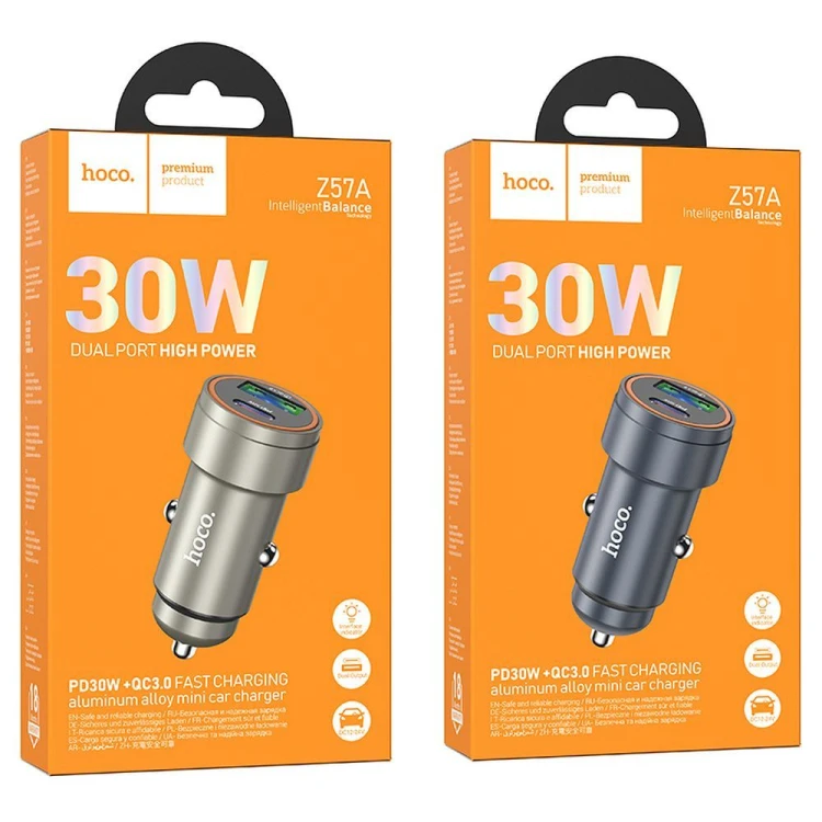 Aluminiowa Ładowarka Samochodowa Hoco Z57A USB-C PD 30W + USB-A QC 18W