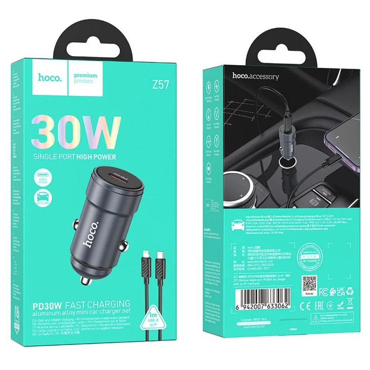 Aluminiowa Ładowarka Samochodowa Hoco Z57 USB-C PD 30W + Kabel iPhone