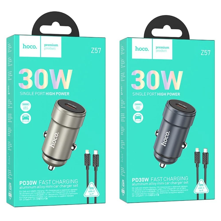 Aluminiowa Ładowarka Samochodowa Hoco Z57 USB-C PD 30W + Kabel iPhone