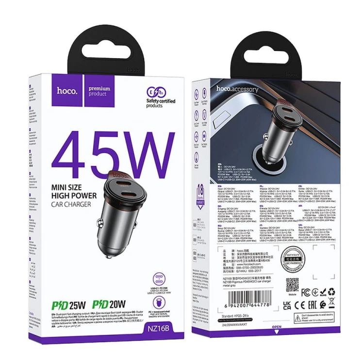 Mini Ładowarka Samochodowa Hoco NZ16B 2x USB-C PD 45W Szybka
