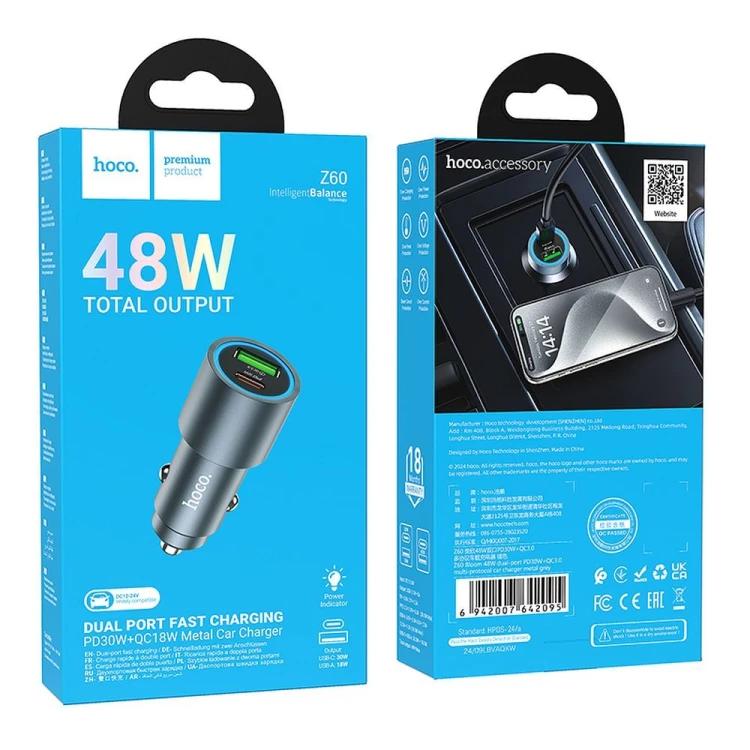 Ładowarka Samochodowa Hoco Z60 USB-C PD 30W + USB-A QC 18W 48W