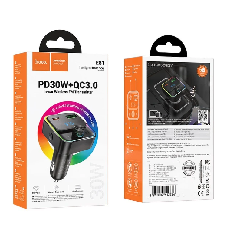 Ładowarka Samochodowa Hoco E81 USB-C PD 30W + Transmiter FM Bluetooth