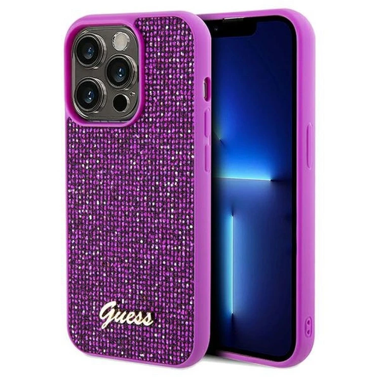 Etui Guess do iPhone 14 Pro – Disco Script Metal (fuksja) – luksusowy pokrowiec GUHCP14LPMSDGSF