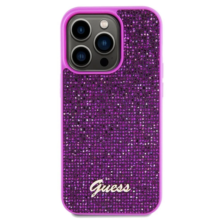 Etui Guess do iPhone 14 Pro – Disco Script Metal (fuksja) – luksusowy pokrowiec GUHCP14LPMSDGSF