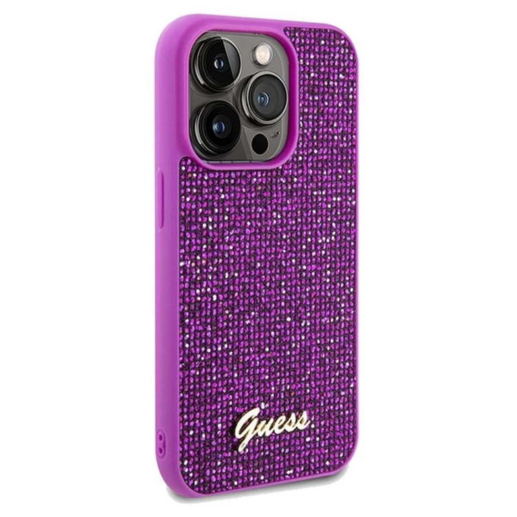 Etui Guess do iPhone 14 Pro – Disco Script Metal (fuksja) – luksusowy pokrowiec GUHCP14LPMSDGSF