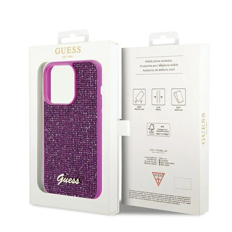 Etui Guess do iPhone 14 Pro – Disco Script Metal (fuksja) – luksusowy pokrowiec GUHCP14LPMSDGSF