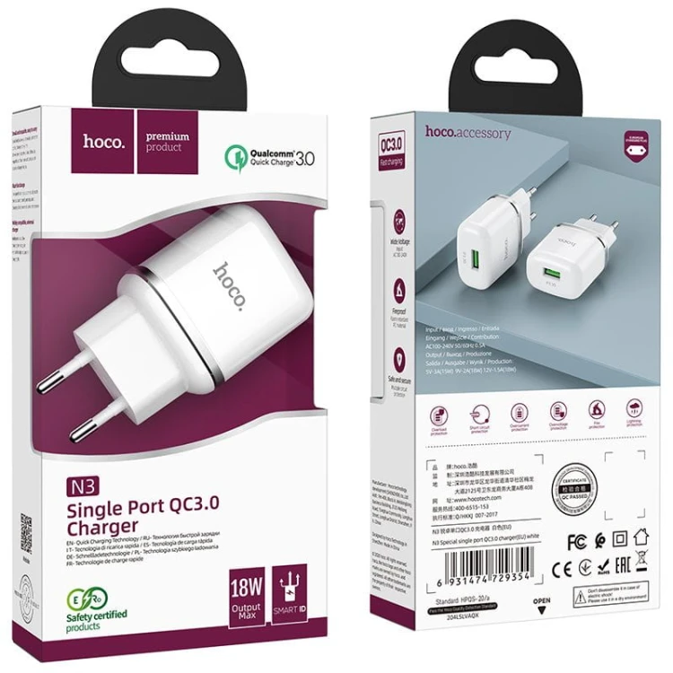 Szybka ładowarka sieciowa Hoco N3 USB Quick Charge 3.0 18W 3A – biała