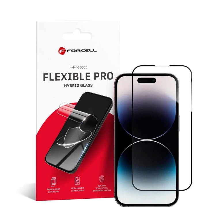 Niepękające szkło hybrydowe Forcell Flexible 5D z czarną ramką do iPhone 14 Pro
