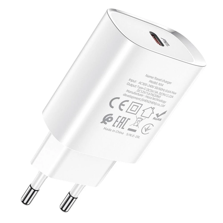 Szybka ładowarka sieciowa Hoco N14 USB-C Power Delivery 20W – białEkspresowe ładowanie z technologią Power Delivery Ładowarka sieciowa Hoco N14 to nowoczesne rozwiązanie dla osób, które cenią swój czas. Dzięki obsłudze protokołu PD 20W (Pow