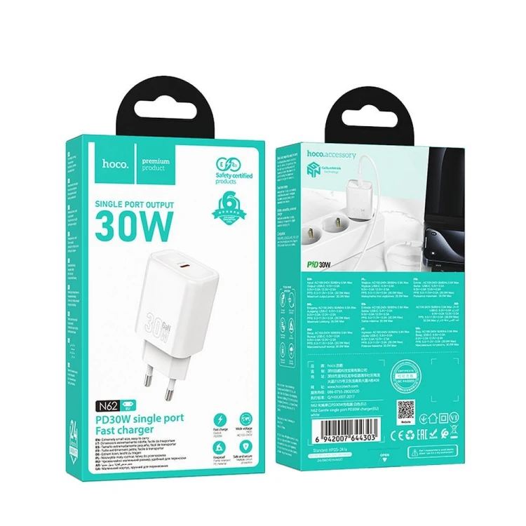 Szybka ładowarka sieciowa Hoco N62 USB-C Power Delivery 30W – biała