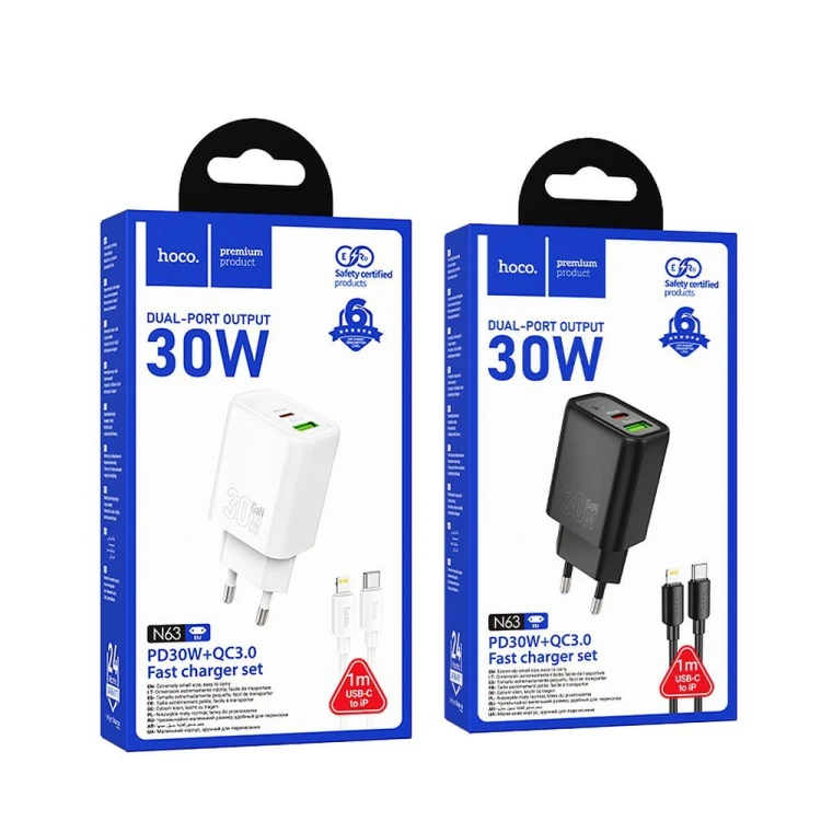 Szybka ładowarka sieciowa Hoco N63 30W (USB-C PD + USB-A QC 3.0) + kabel USB-C do Lightning 1m – biała