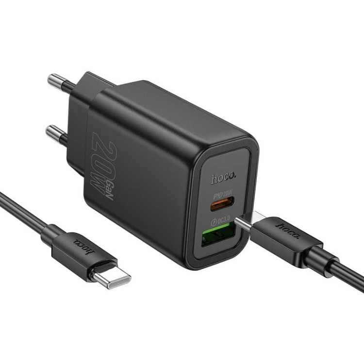 Szybka ładowarka sieciowa Hoco N61 20W (USB-C PD + USB-A QC 3.0) + kabel USB-C do USB-C 60W 1m – czarna
