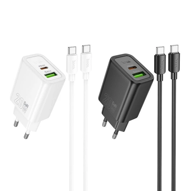 Szybka ładowarka sieciowa Hoco N61 20W (USB-C PD + USB-A QC 3.0) + kabel USB-C do USB-C 60W 1m – czarna