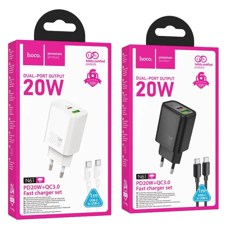 Szybka ładowarka sieciowa Hoco N61 20W (USB-C PD + USB-A QC 3.0) + kabel USB-C do USB-C 60W 1m – czarna