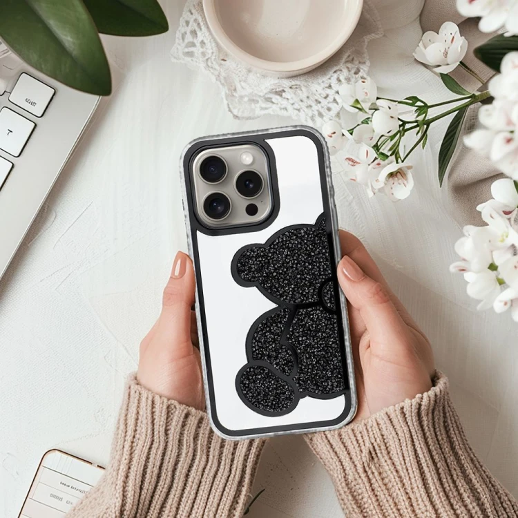 Etui do iPhone 11 Teddy Bear Brokatowe Czarne z Misiem