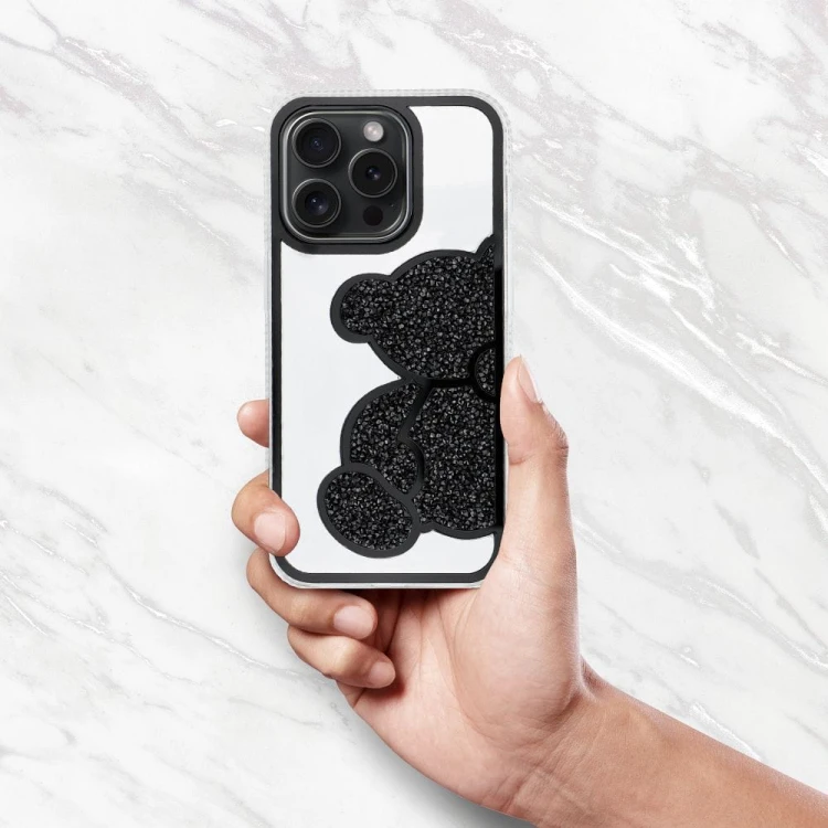 Etui do iPhone 11 Teddy Bear Brokatowe Czarne z Misiem