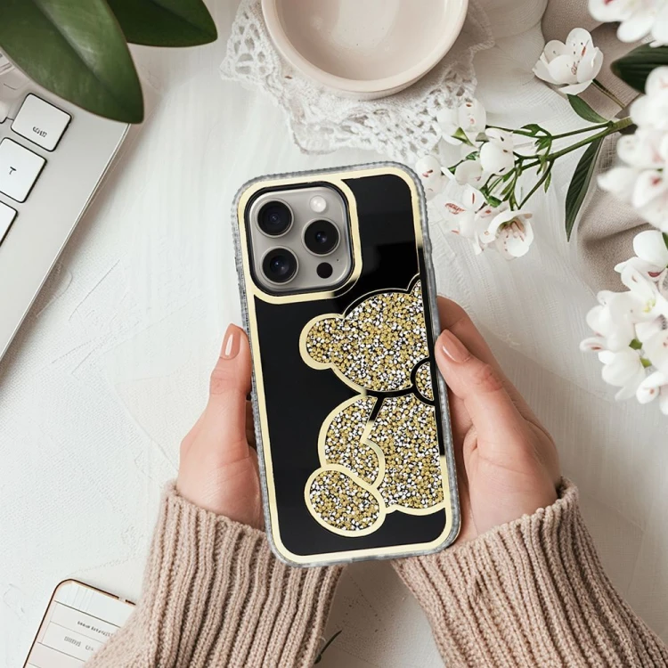 Etui do iPhone 11 Teddy Bear Brokatowe Złote z Misiem