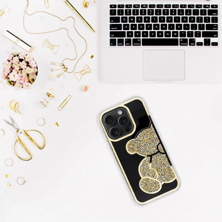 Etui do iPhone 11 Teddy Bear Brokatowe Złote z Misiem