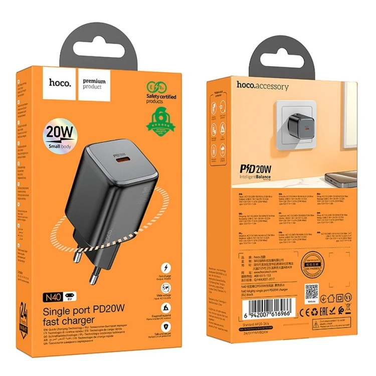 Kompaktowa ładowarka sieciowa Hoco N40 USB-C Power Delivery 20W – czarna