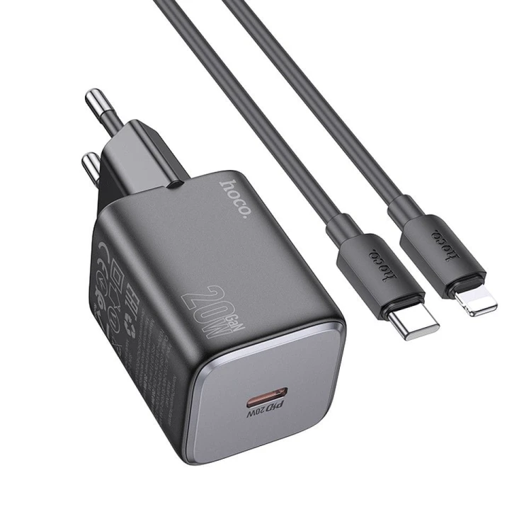 Szybka ładowarka sieciowa Hoco N40 USB-C Power Delivery 20W + kabel USB-C do Lightning 1m – czarna