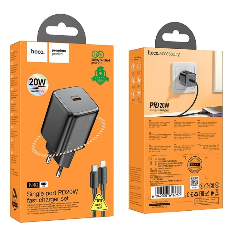 Szybka ładowarka sieciowa Hoco N40 USB-C Power Delivery 20W + kabel USB-C do Lightning 1m – czarna