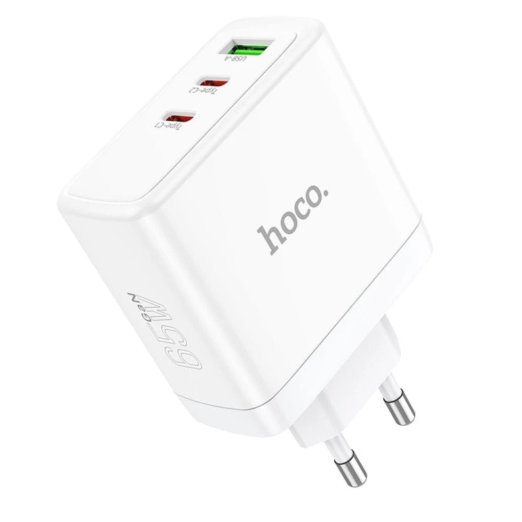 Szybka ładowarka sieciowa Hoco N30 GaN 65W (2xUSB-C + USB-A) – biała