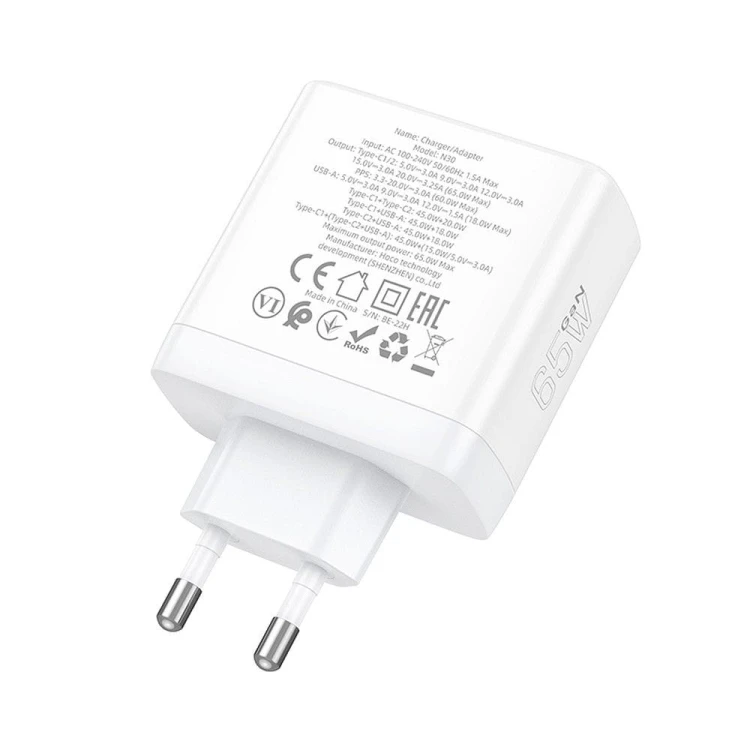 Szybka ładowarka sieciowa Hoco N30 GaN 65W (2xUSB-C + USB-A) – biała