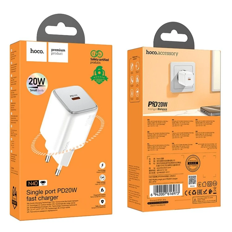 Kompaktowa ładowarka sieciowa Hoco N40 USB-C Power Delivery 20W – biała