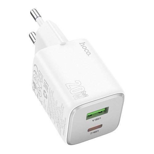 Szybka ładowarka sieciowa Hoco N41 GaN 20W (USB-C PD + USB-A QC 3.0) – biała