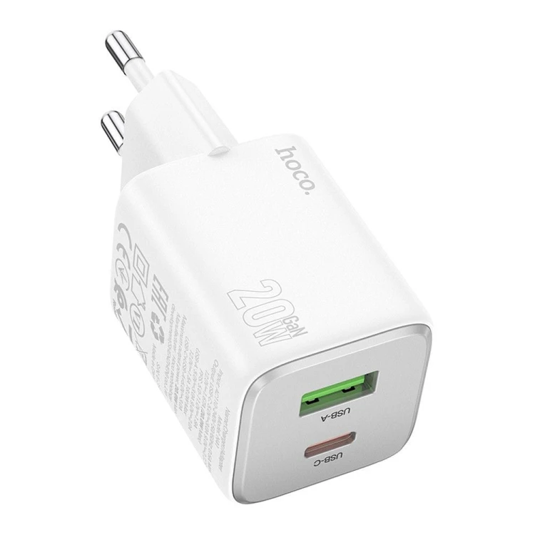 Szybka ładowarka sieciowa Hoco N41 GaN 20W (USB-C PD + USB-A QC 3.0) – biała