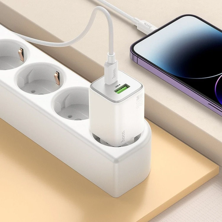 Szybka ładowarka sieciowa Hoco N41 GaN 20W (USB-C PD + USB-A QC 3.0) – biała