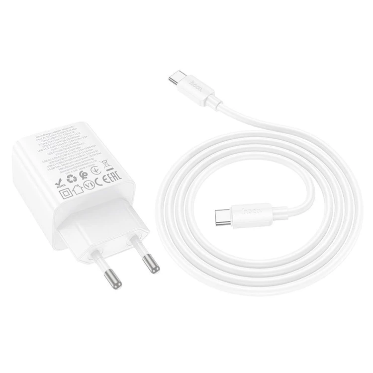 Poczwórna ładowarka sieciowa Hoco N55 20W (2xUSB-C + 2xUSB-A) + kabel USB-C do USB-C 1m – biała