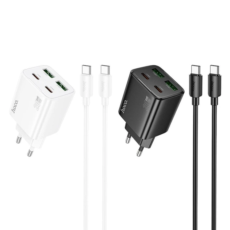 Poczwórna ładowarka sieciowa Hoco N55 20W (2xUSB-C + 2xUSB-A) + kabel USB-C do USB-C 1m – biała