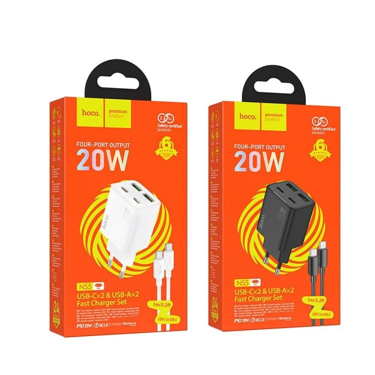 Poczwórna ładowarka sieciowa Hoco N55 20W (2xUSB-C + 2xUSB-A) + kabel USB-C do USB-C 1m – biała