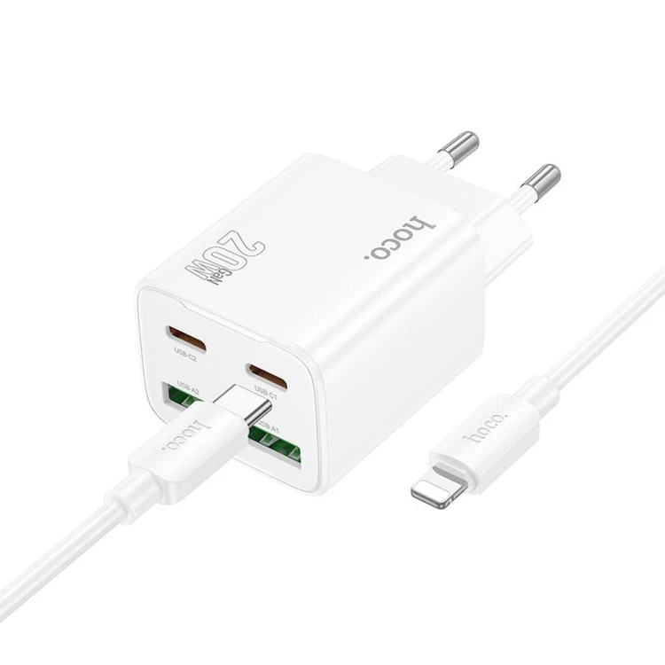 Poczwórna ładowarka sieciowa Hoco N55 20W (2xUSB-C + 2xUSB-A) + kabel USB-C do Lightning 1m – biała