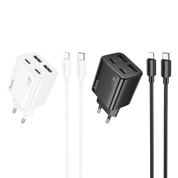 Poczwórna ładowarka sieciowa Hoco N55 20W (2xUSB-C + 2xUSB-A) + kabel USB-C do Lightning 1m – biała