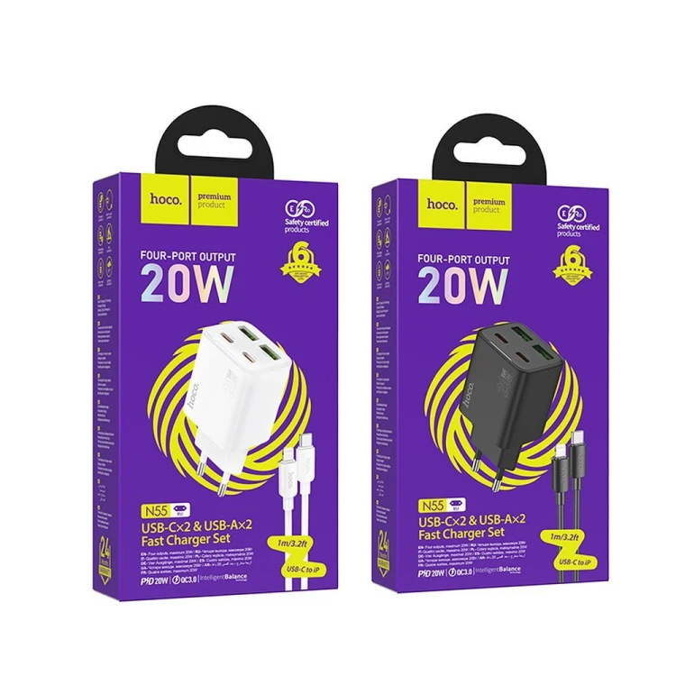 Poczwórna ładowarka sieciowa Hoco N55 20W (2xUSB-C + 2xUSB-A) + kabel USB-C do Lightning 1m – biała