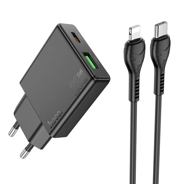 Szybka ładowarka sieciowa Hoco N38 20W (USB-C PD + USB-A QC 3.0) + kabel USB-C do Lightning 1m – czarna