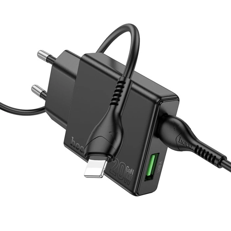 Szybka ładowarka sieciowa Hoco N38 20W (USB-C PD + USB-A QC 3.0) + kabel USB-C do Lightning 1m – czarna