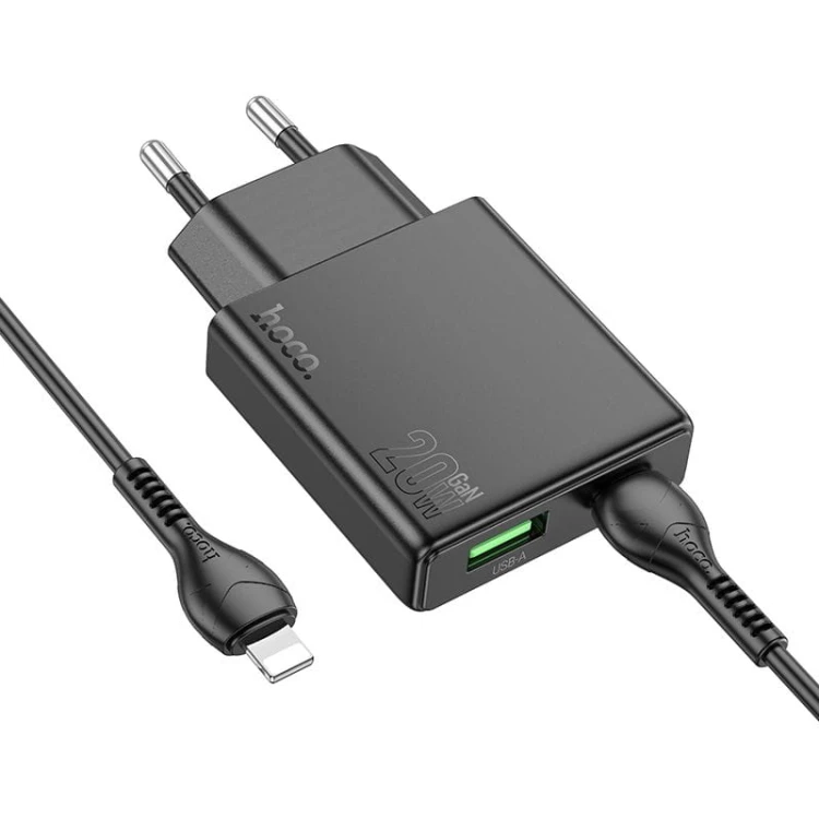 Szybka ładowarka sieciowa Hoco N38 20W (USB-C PD + USB-A QC 3.0) + kabel USB-C do Lightning 1m – czarna